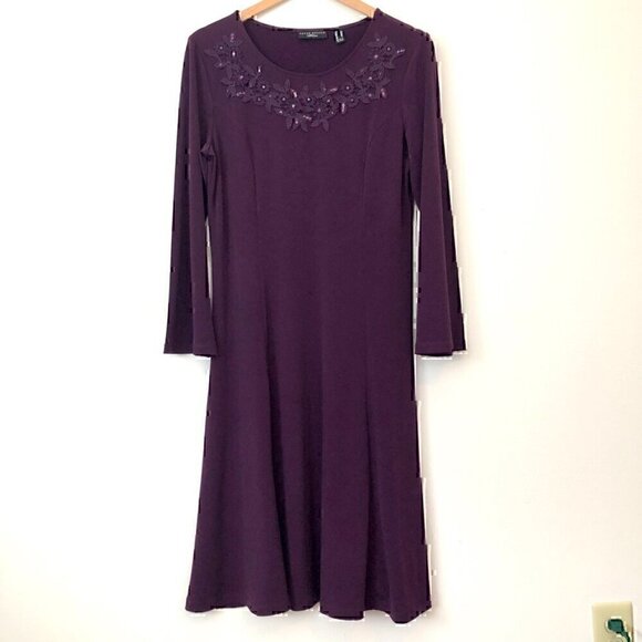 SUSAN GRAVER Artisan Liquid Knit Dress Purple Floral Beaded Embroidered Small - Picture 2 of 9